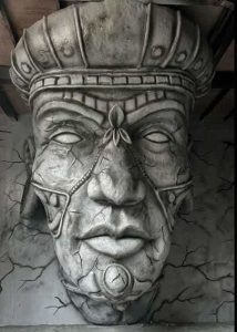 Escultura monumental en relieve del rostro ancestral "El Chamán" para la Galería Origen en la Comuna 13, fabricada con impresión 3D en Medellín por CR Studio 3D.